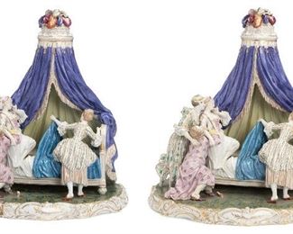 181
A Pair Of Monumental Frankenthal Porcelain Figural Groups
18th Century; Germany
Painted with Frankenthal factory mark on underside: [Lion of the Palatinate / Lion rampant]
Each figural group with the same scene escorting a lady to her bed, 2 pieces
Each approximately: 19" H x 17.5" W x 12" D
Estimate: $2,000 - $3,000