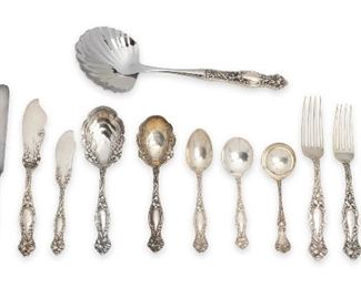 183
A Simpsons Hall Miller Sterling Silver Flatware Service
Circa 1900
Some stamped for International Silver and Sterling; Some items personalized (varying)
The assembled set of flatware and serving utensils featuring various patterns including "Easter Lily", 53 pieces
Largest: 9.75"
Weighable sterling: 40.625 oz. troy approximately
Estimate: $1,200 - $1,800