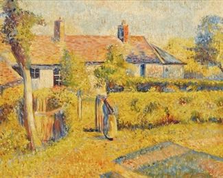 185
In The Style Of Camille Pissarro
1830-1903, French/English
"The Magic Of Summer"
Oil on canvas
Signed lower right: C. Pissarro, titled and numbered on a gum label affixed to the stretcher: 401
16" H x 20" W
Estimate: $800 - $1,200