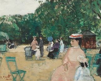 186
François Gall
1912-1987, French
Figures In The Park
Oil on canvas under glass
Signed and inscribed lower left: F. Gall / Paris
8.75" H x 10.75" W
Estimate: $700 - $900