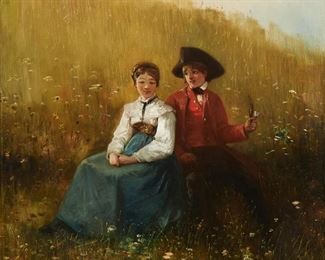 192
Gustave Adolphe Jundt
1830-1884, French
"La Bouderie," Couple In A Flower Field, 1880
Oil on canvas laid to board
Signed and dated lower left: G. Jundt, titled on the frame plaque
24.5" H x 20" W
Estimate: $1,000 - $2,000