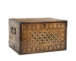 210
A Spanish Spice Box
19th Century (or earlier)
The elaborately decorated double-handled lock box with bone-inlay geometric designs a bottom-hinged front door enclosing 7 drawers
8.75" H x 14.75" W x 10.75" D
Estimate: $2,000 - $3,000
