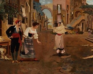 216
Figures In A Spanish Village
Late 19th/early 20th Century Spanish School
Oil on canvas
Appears unsigned
43.5" H x 63" W
Estimate: $1,200 - $1,800