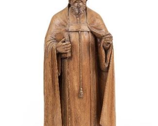 218
A Carved Wood Bishop
Late-19th Century; Possibly German
The standing figure with bible wearing a crossed mitre and cope
42" H x 14" W 10" D
Estimate: $1,000 - $2,000