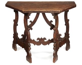 223
A Spanish Renaissance Console
18th/19th century
The console table over carved legs and crossed decorative stretcher bars each with large geometric scrolled design
29.625" H x 39" W x 22.25" D
Estimate: $1,000 - $1,500