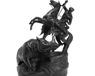 239
A Stellmacher Teplitz Hunter And Rhino
Late-19th/early-20th Century; Teplitz, Austria
Stamped: Stellmacher / Teplitz / 627 / 15
The black figural group with a mounted hunter on horseback holding a spear over a rhinoceros
23.5" H x 19" W x 14" D
Estimate: $800 - $1,200