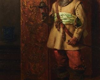 236
Albert Friedrich Schroder
1854-1939, German
Cavalier With Sword, 1898
Oil on panel
Signed, dated and inscribed lower left: A. Schroder / 98 / Mn
12.5" H x 10" W
Estimate: $600 - $800
