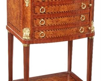 247
A French Bedside Stand
Late-19th/early-20th Century
The stand with Napoleon Tigre? marble top over one shallow drawer, marble-lined cabinet behind drawer-facade, and gilt-bronze mounts on round tapered legs
34" H x 20.25" W x 15" D
Estimate: $600 - $800