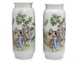 249
A Pair Of Chinese Porcelain Vases
20th century
Each vase with white body and painted figural groups in landscape, 2 pieces
Each approximately: 18.5" H x 7.5" Dia.
Estimate: $500 - $700