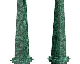 254
A Pair Of Malachite Veneered Obelisks
20th Century
Unmarked
The Russian-style malachite veneered obelisks each raised on a stepped base, 2 pieces
30" H x 6" W x 6" D
Estimate: $1,500 - $2,500
