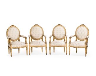 257
Four French Louis XVI-Style Upholstered Chairs
Late-19th/early-20th Century
Each giltwood carcass with carved roses and leaves issuing an oval upholstered backrest with two upholstered arms over a spring upholstered seat raised on carved pole legs, 4 pieces
47.5" H x 24" W x 25.75" D
Estimate: $1,000 - $1,500