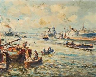 264
Evert Moll
1878-1955, Dutch
Harbor Scene, Likely Rotterdam
Oil on canvas
Signed lower right: Evert Moll
16" H x 31.75" W
Estimate: $800 - $1,200