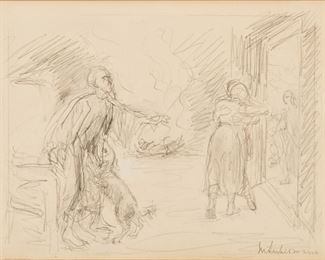 269
Max Liebermann
1847-1935, German
Untitled Interior Scene With Embracing Couple
Graphite on paper under glass
Signed lower right: M Liebermann
Sight: 6.5" H x 8.5" W; Sheet: 7.25" H x 10.25" W
Estimate: $4,000 - $6,000