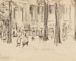 268
Max Liebermann
1847-1935, German
Untitled Figures Among Trees
Graphite on paper under glass
Appears unsigned
Sight: 4.25" H x 7.25" W; Sheet: 4.5" H x 7.5" W
Estimate: $4,000 - $6,000
