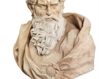 271
A Carved Sienna Marble Bust Of A Man
Late-19th Century
Apparently unmarked
The man with flowing beard and laurel leaf crown
30" H x 23" W x 11" D
Estimate: $2,000 - $3,000