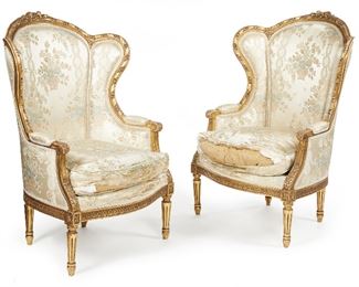 277
A Pair Of Louis VII-Style Carved Giltwood Armchairs
19th Century
Each giltwood carved armchair with silver floral silk upholstery, 2 pieces
Each approximately: 44" H x 30.5" W x 29" D
Estimate: $1,500 - $2,500