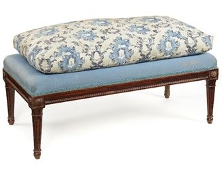 278
A Louis XVI-Style Carved Low Bench
First-quarter 19th Century
Signed: Jacob D. R. Meslee
The low bench with blue upholstery and associated floral blue and white pillow, 2 pieces
Bench: 13" H x 33.5" W x 17" D; Pillow: 16" H x 30" W x 7" D
Estimate: $1,000 - $1,500