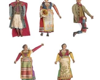 282
Five Antique Neopolitan Carved Folk Figures
19th Century; Italian
The five figures in traditional colorful dress with decorated skirts, embroidered aprons, bodices, and capes, and short pants, The skirts held in shape by sewn newsprint, 5 pieces
Largest: 14.5" H x 5.5" W x 2.5" D; Smallest: 10.5" H x 5" W x 6" D
Estimate: $600 - $800