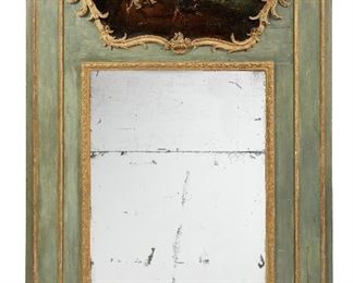 285
A Large Louis XVI-Style Green Trumeau Mirror
18th Century
The mirror under a hunting scene with giltwood framing set in a green-painted wood frame
79" H x 58" W x 2.5" D
Estimate: $1,200 - $1,800