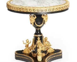 286
An Ebonized Wood Marble-Topped Gueridon
20th Century
The round inset white marble top with gilt-bronze mounts on a tripod base with gilt-bronze horned goat heads and cherubs
34.75" H x 35" Dia.
Estimate: $2,500 - $3,500