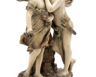 290
A Tall Amphora Figural Sculpture
Fourth-quarter 19th Century
Apparently unmarked
Depicting a winged putto and fairy in embrace
22" H x 11.5" W x 7.375" D
Estimate: $600 - $900