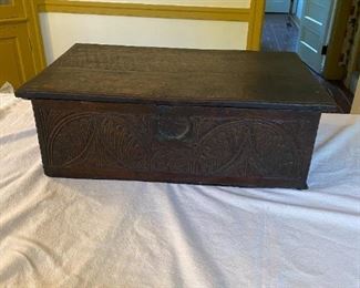 17th Century Carved Oak Bible Box Table Box Pilgrim Era 1650