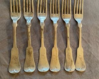 Antique Pure Coin Silver Set of 6 Forks Signed Wald?? Kahn?
