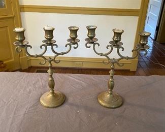 Pair Solid Brass 3 Arm Candelabras Candleholders