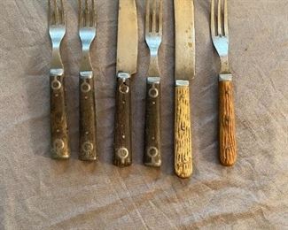 Wood & Pewter & Bone Handled Knives and 3 Tine Forks 19th Century