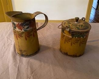 Antique Painted Pitcher and Lunch Pail Lid Toleware