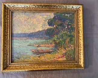 Kathryn E Bard Cherry Oil Painting on Board Impressionist Landscape Woman in Canoe