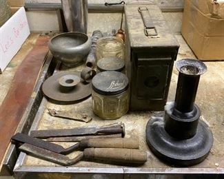 Lot of Tools, Candlestick, Ammo Box Misc.
