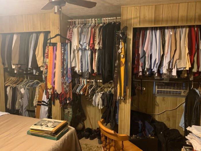 Closet full of shirts, pants, jackets, ties, belts and many pairs of leather shoes size 11. Most clothing in medium size 