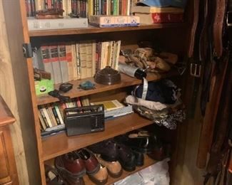 Book shelf, books, shoes, nick nacks