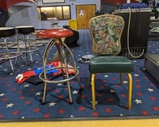 (2) Chairs, One Red Stool One Enamel and Embroidered