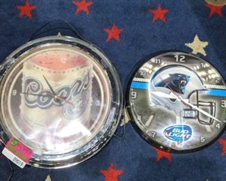 (2) Analog Clocks, One Carolina Panthers, One Coors