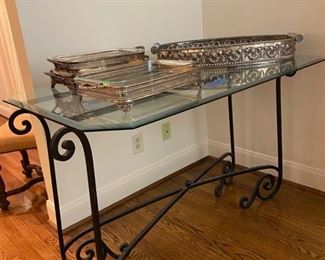 Iron console, silver plate casserole holders,  large tray