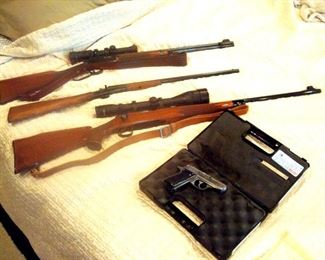 top; Winchester Mod. 9422m 22 magnum.  Middle; Remington improved model 6, 22 short/long rifle. Bottom; Remington Model 700,  22/250 . Hand gun pulled from sale!