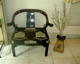 Oriental black lacquer decorated chair.