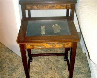Pair oriental tables with inlaid figures
