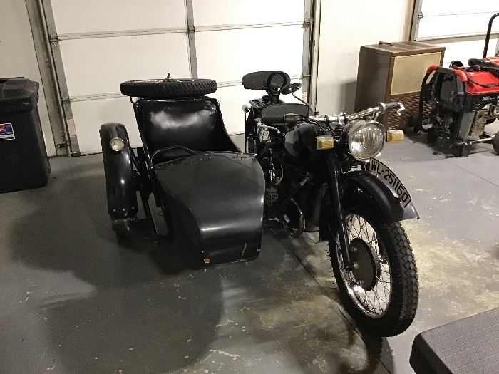 Reproduction of Russian Motorcycle with Attached Sidecar (made in Japan). Believed to need a starter.