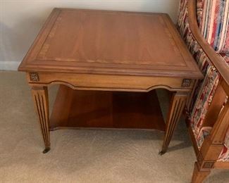 #29	Walnut  Inlay Square End Table w/shelf on wheels 26x26x19   (2)  $150 each	 $300.00 	 call 256-603-4198 

