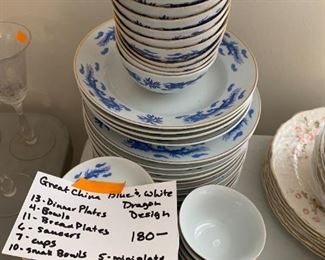 #136	KR	Great China Blue White Dragon Design 13 plates, 4 bowls, 11 Bread plate, 6 Saucers, 7 cups 10 small bowls 	 $180.00 	 call 256-603-4198 
