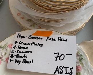 #137	KR	pope Gosser Rose point china 7 dinner, 4 bread, 6 saucer, 7 bowls, 1 veg as is	 $70.00 	 call 256-603-4198 
