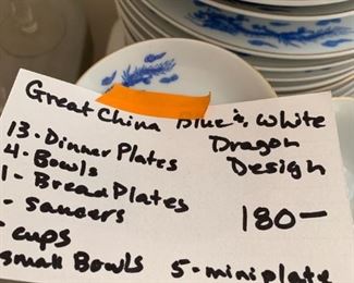 #136	KR	Great China Blue White Dragon Design 13 plates, 4 bowls, 11 Bread plate, 6 Saucers, 7 cups 10 small bowls 	 $180.00 	 call 256-603-4198 