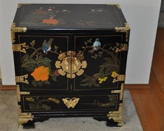 Chinoiserie Ho Ho Bird hand decorated lacquered jewelry chest with four drawers brass metal embellishments 15" wide and 16” high