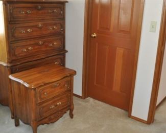 Stanley highboy dresser 39” x 19” and 53.5” high, Stanley nightstands pair 25” x 16” and 24” high

