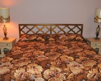 Drexel French Accent nightstands pair 18” x 24” and 22.5” high, boudoir lamps with original shades vintage,  Hollywood Regency gold king size headboard with fretwork design 79” wide and 40.5” high