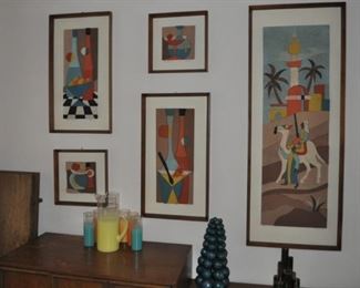 Signed Allen Noonan Originals vintage wood art framed 5 pieces,  Blendo mid-century frosted pitcher with 6 multi-colored glasses, Heritage cabinet with cabinets and shelves on left 30” high and drawers on the right 23” high and 70” x 19” overall 