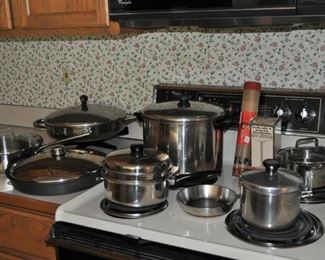 Emeril stainless steel cookware, electric skillet, Revere pots and pans vintage